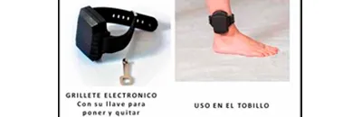 Grillete electrónico con su llave para ponerlo y quitarlo, y su uso en el tobillo